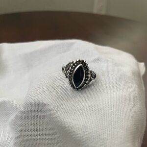 Solitaire Marquise Black Onyx in Sterling Silver Ornate Leaf Accents